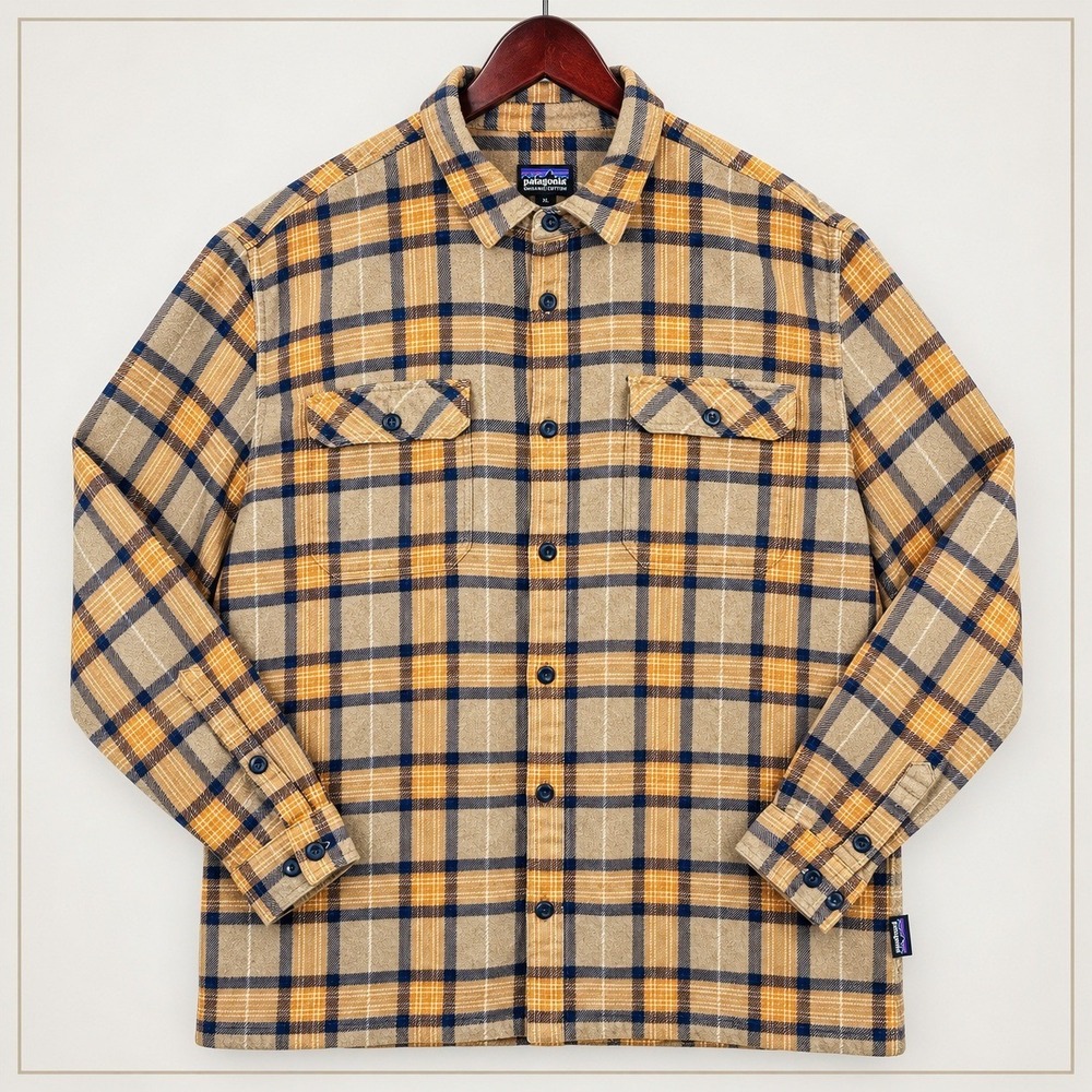 Patagonia Fjord Flannel Shirt Men XL Brown Tan Navy Plaid Organic Cotton 53947